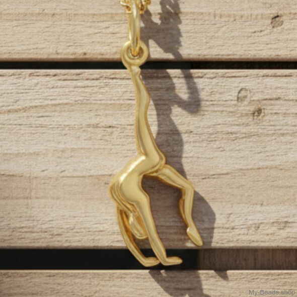 Gold plated zilveren hanger van een gymnaste die een handstand of bruggetje uitvoert. Hanger in 3-D. 
Mooi cadeau voor verjaardag of wedstrijd.