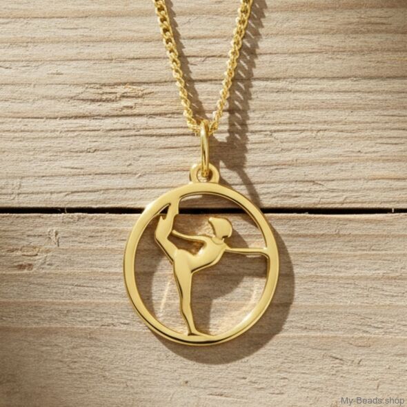 Gold plated zilveren hanger van een gymnaste die een oefening op vloer uitvoert tijdens een wedstrijd.  
Mooi cadeau voor verjaardag of wedstrijd.