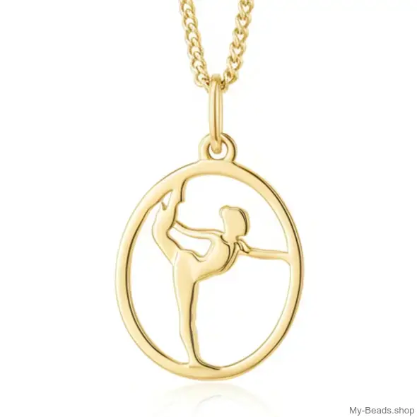 Gold plated zilveren hanger van een gymnaste die een oefening op vloer uitvoert tijdens een wedstrijd.  
Mooi cadeau voor verjaardag of wedstrijd.
