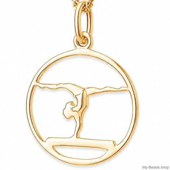Gold plated zilveren hanger met een gold plated zilveren collier van een gymnaste die een oefening doet op de evenwichtsbalk. 
Mooi cadeau voor verjaardag.