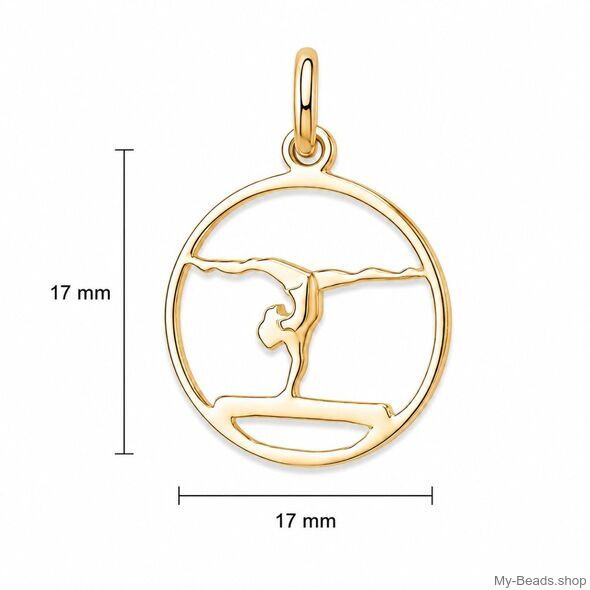 Gold plated zilveren hanger met een gold plated zilveren collier van een gymnaste die een oefening doet op de evenwichtsbalk. 
Mooi cadeau voor verjaardag.