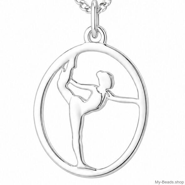 Zilveren hanger van een gymnaste die een artistieke gymnastiek oefening op toestel vloer uitvoert tijdens een wedstrijd.  
Mooi cadeau voor verjaardag.