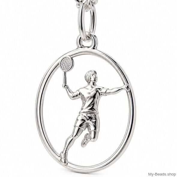 Zilveren badminton hanger MB428 van 925 sterling zilver met vrouwelijke badmintonspeler, racket en shuttle