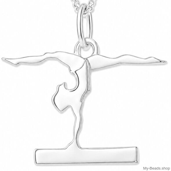 Zilveren hanger met collier van een gymnaste die bij een wedstrijd een gymnastiek vloer oefening doet op de evenwichtsbalk. 
Mooi cadeau voor verjaardag.