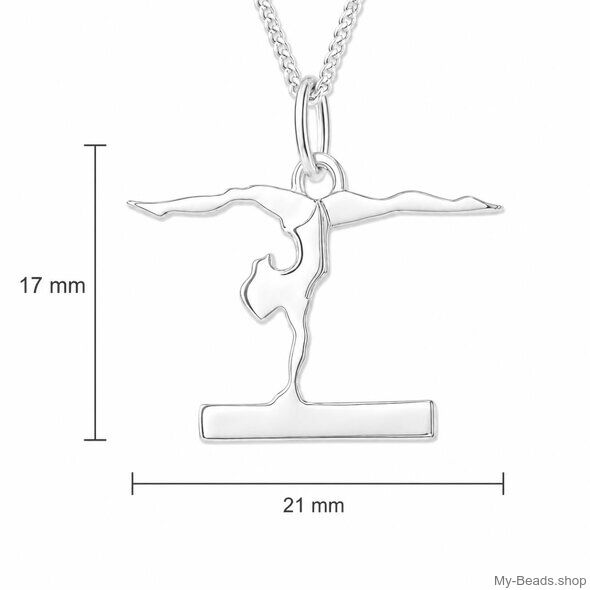 Afmetingen van deze hanger. Zilveren hanger met collier van een gymnaste die bij een wedstrijd een gymnastiek vloer oefening doet op de evenwichtsbalk.