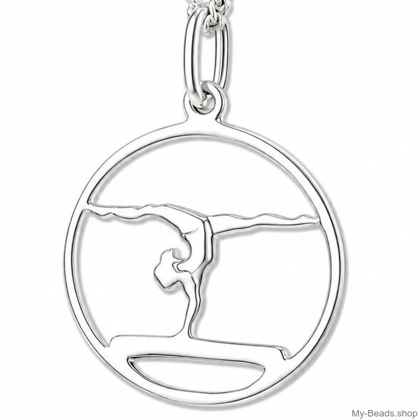 Zilveren sporthanger gymnastiek  met collier van een gymnaste die bij een wedstrijd een gymnastiek vloer oefening doet op de evenwichtsbalk. 
Mooi cadeau voor kerstmis.