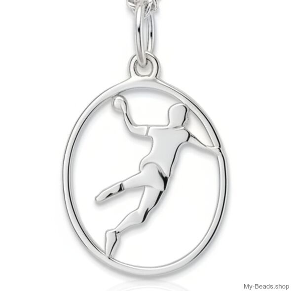 Zilveren hanger van een handballer die met een worp actie een handbal gooit tijdens een competitie wedstrijd. 
Mooi cadeau voor verjaardag of wedstrijd.
