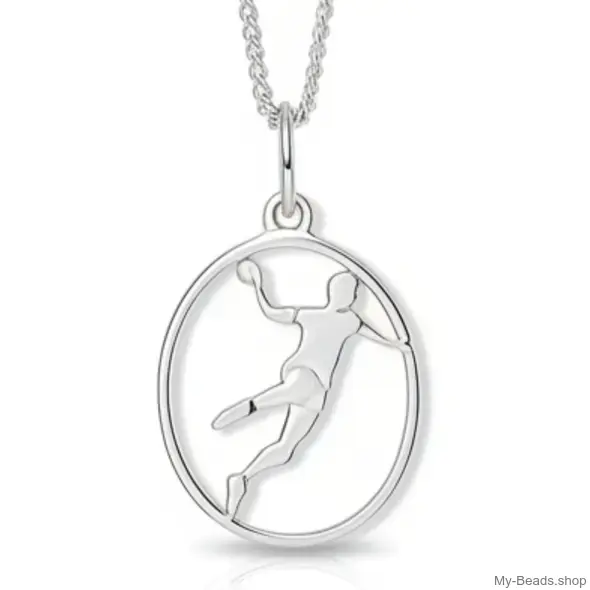 Zilveren hanger van een handballer die met een worp actie een handbal gooit tijdens een competitie wedstrijd. 
Mooi cadeau voor verjaardag of wedstrijd.