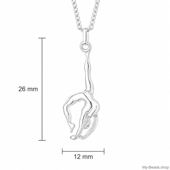 Afmeting van een zilveren hanger van een gymnaste die een handstand of bruggetje uitvoert tijdens gymnastiek wedstrijd. Hanger in 3-D. 
Mooi cadeau voor verjaardag of wedstrijd.