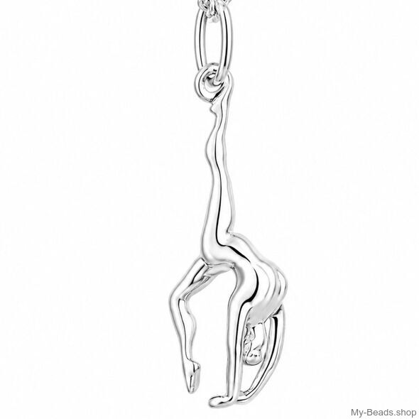 Zilveren sporthanger van een gymnaste die een handstand of bruggetje uitvoert tijdens gymnastiek wedstrijd. Hanger in 3-D. 
Mooi cadeau voor verjaardag of wedstrijd.