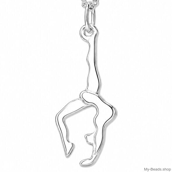 Zilveren hanger van een gymnaste die een handstand of bruggetje uitvoert tijdens gymnastiek wedstrijd. Hanger in 2-D. 
Mooi cadeau voor verjaardag of Kerstmis.