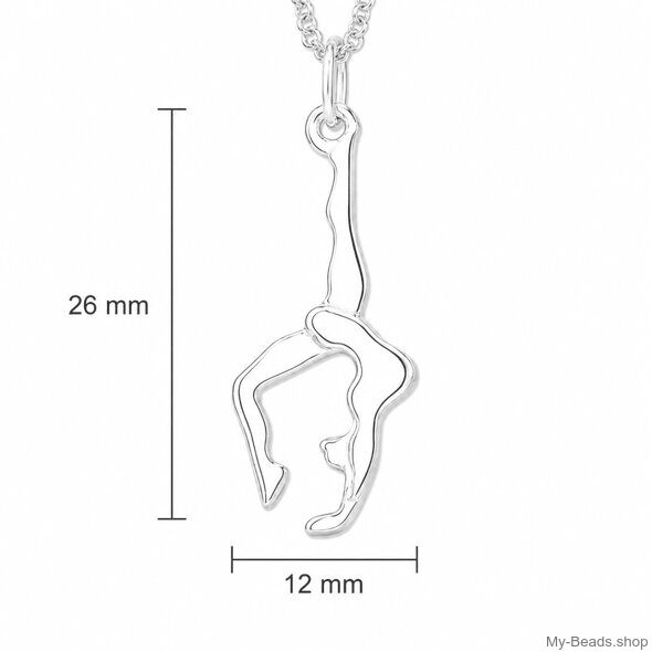 Afmeting van een sieraad. Zilveren hanger van een gymnaste die een handstand of bruggetje uitvoert tijdens gymnastiek wedstrijd. Hanger in 2-D.