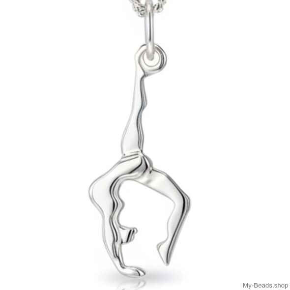 Zilveren hanger van een gymnaste die een handstand of bruggetje uitvoert tijdens gymnastiek wedstrijd. Hanger in 2-D. 
Mooi cadeau voor verjaardag of Kerstmis.