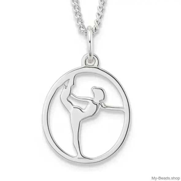 Zilveren hanger van een gymnaste die een artistieke gymnastiek oefening op toestel vloer uitvoert tijdens een wedstrijd.  
Mooi cadeau voor verjaardag.