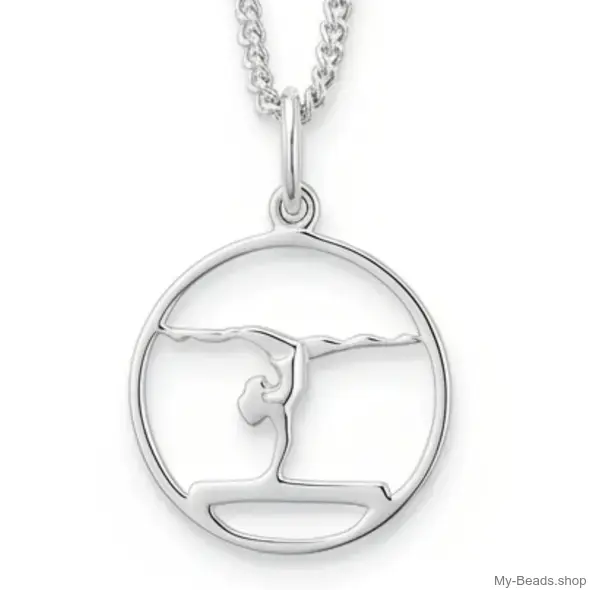 Zilveren hanger met collier van een gymnaste die bij een wedstrijd een gymnastiek vloer oefening doet op de evenwichtsbalk. 
Mooi cadeau voor verjaardag.