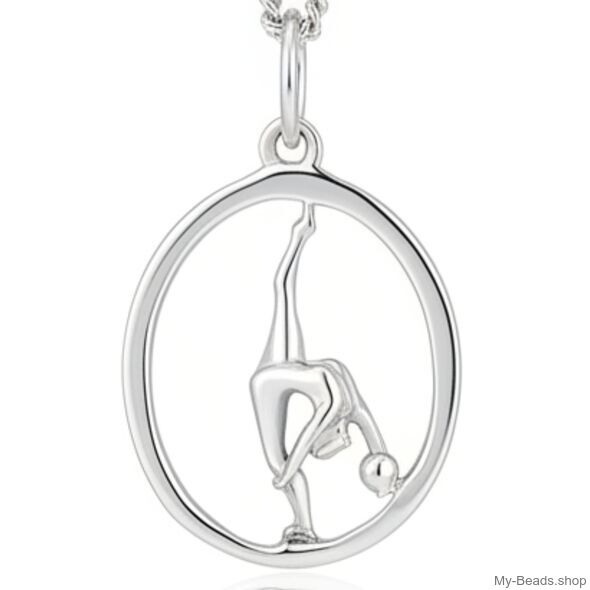 Zilveren hanger met gymnaste die een ritmische gymnastiek oefening met bal op de vloer uitvoert tijdens een wedstrijd.  
Mooi cadeau voor verjaardag of kerstmis.