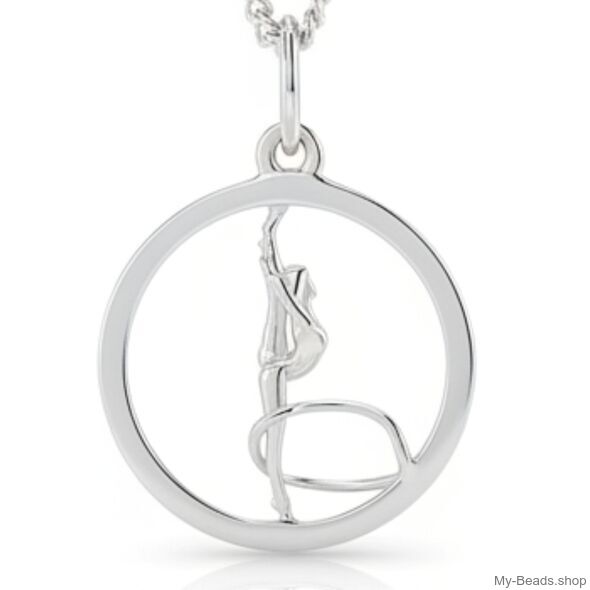 Zilveren hanger met gymnaste die een ritmische gymnastiek oefening met hoepel op de vloer uitvoert tijdens een wedstrijd.  
Mooi cadeau voor verjaardag of kerstmis.