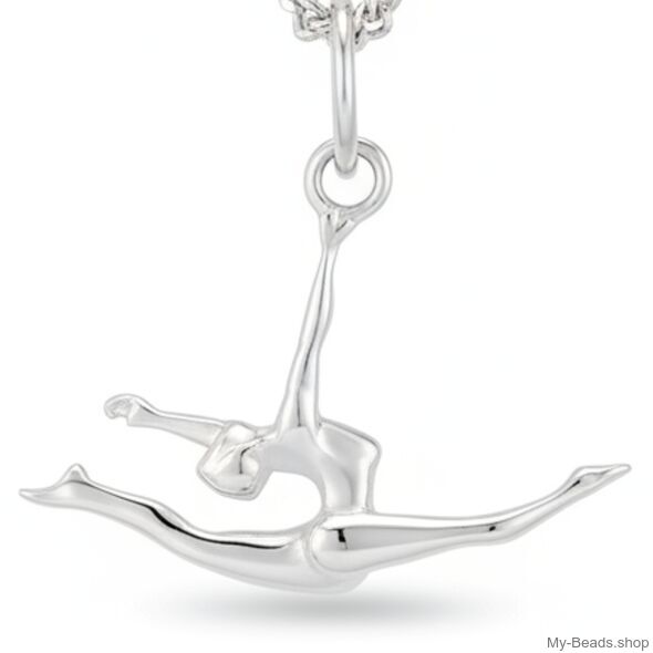 Zilveren hanger met gymnaste die een ritmische gymnastiek spagaatsprong op de vloer uitvoert tijdens een wedstrijd.  
Mooi cadeau voor verjaardag of kerstmis.