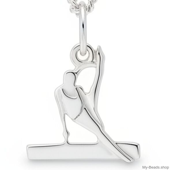 Zilveren hanger van een turner die een oefening paardvoltige uitvoert tijdens artistieke gymnastiek wedstrijd.  
Mooi cadeau voor verjaardag of wedstrijd.
