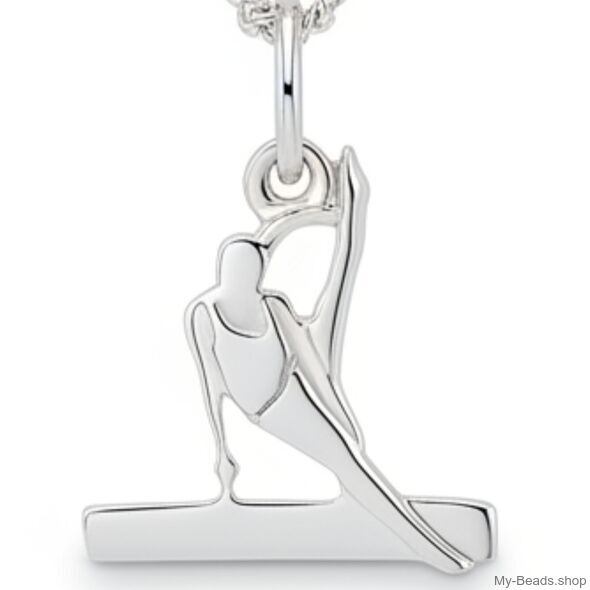 Zilveren hanger van een turner die een oefening paardvoltige uitvoert tijdens artistieke gymnastiek wedstrijd.  
Mooi cadeau voor verjaardag of wedstrijd.