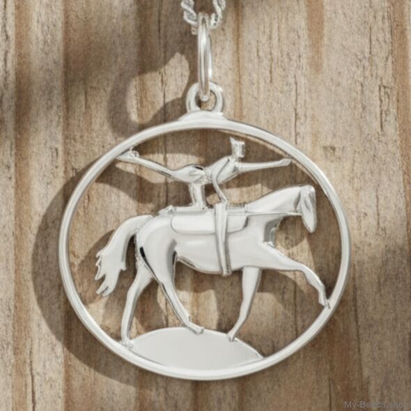 Ciondolo in argento raffigurante un volteggiatore equestre, che esegue un volteggio su un cavallo da volteggio. Esercizi di ginnastica acrobatica durante una competizione.
Un bellissimo regalo per un compleanno o Natale.