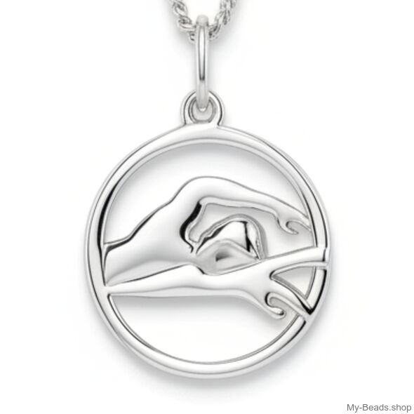 Zilveren hanger met collier van een zwemmer die borstcrawl of vrije slag wedstrijd zwemt in een zwembad. 
Mooi cadeau voor verjaardag of kerstmis.